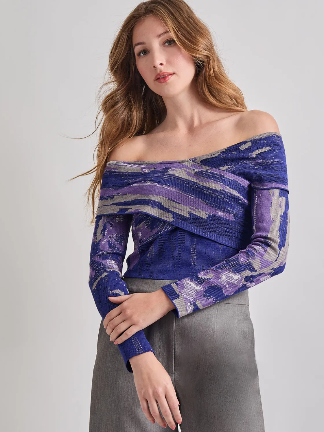 Misook Modern Fit Cropped Cross Body Watercolor Soft Knit Top* Tops & Tees