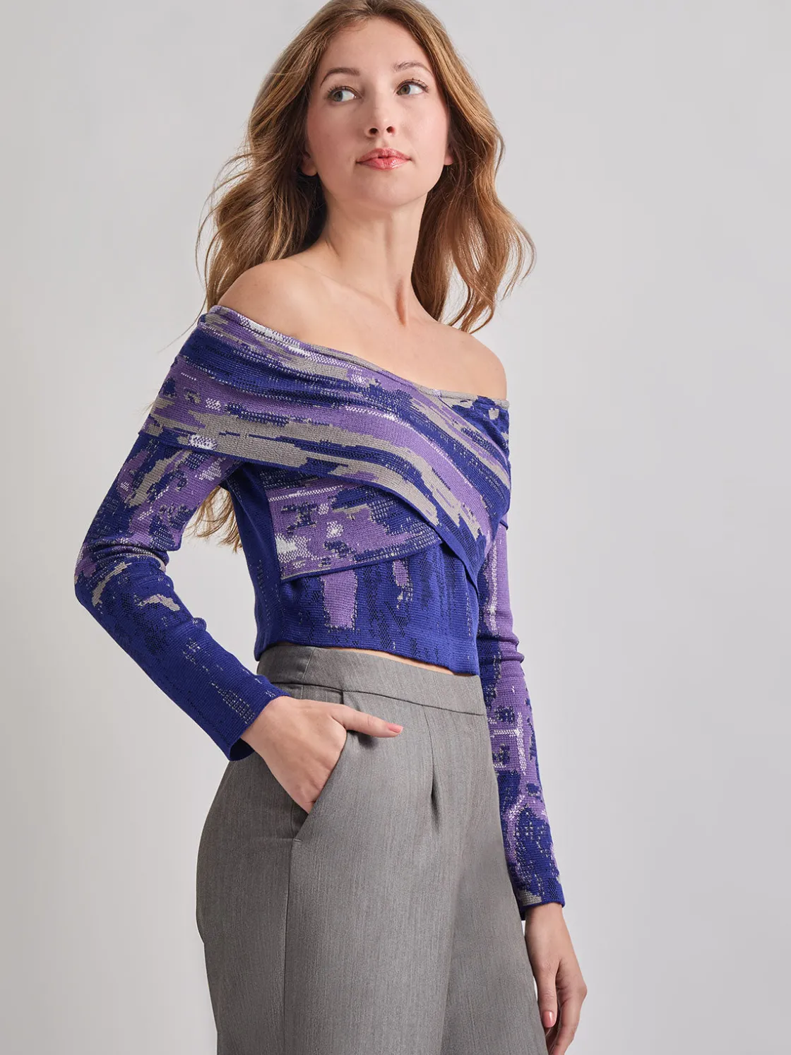 Misook Modern Fit Cropped Cross Body Watercolor Soft Knit Top* Tops & Tees