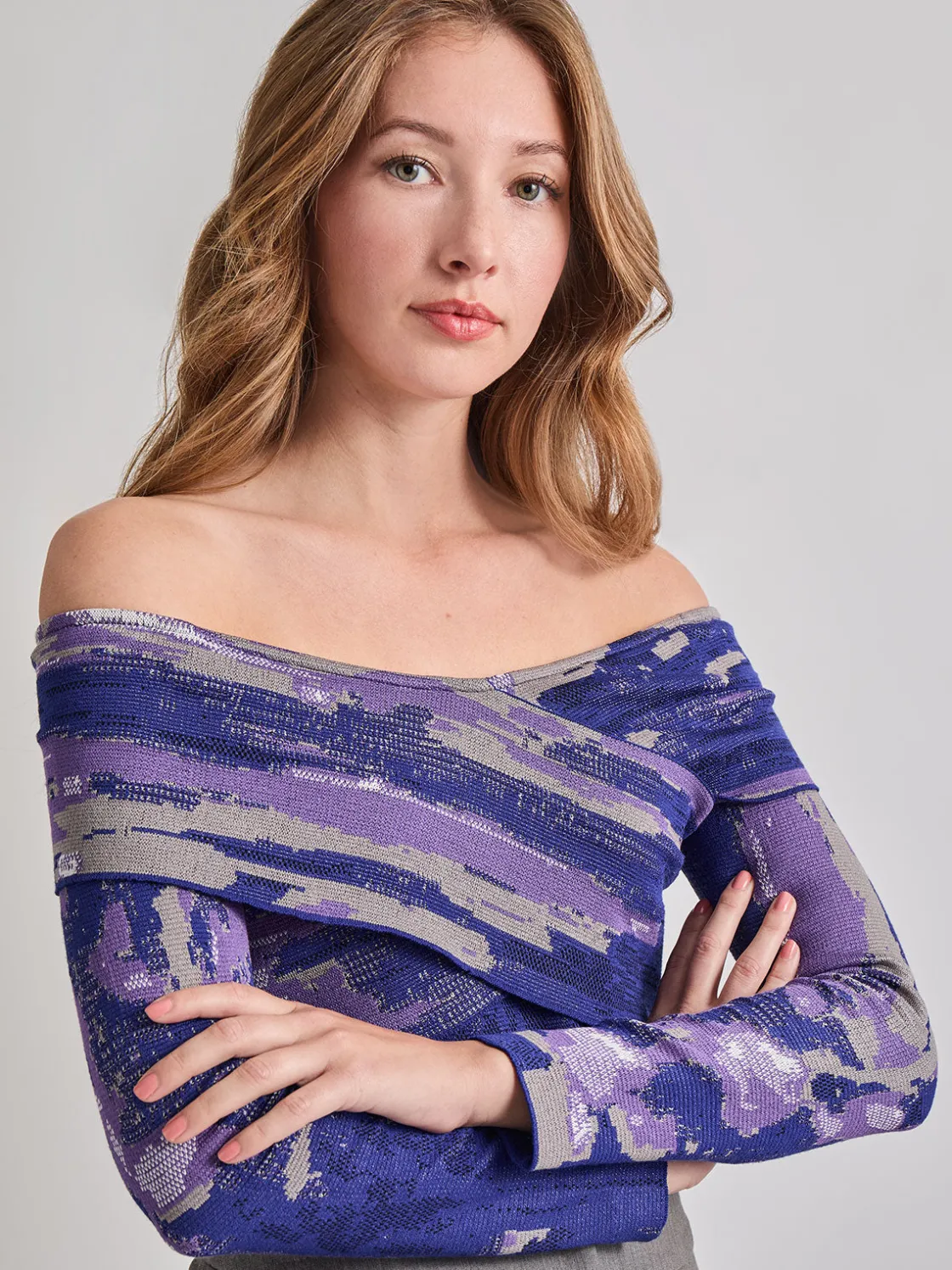 Misook Modern Fit Cropped Cross Body Watercolor Soft Knit Top* Tops & Tees