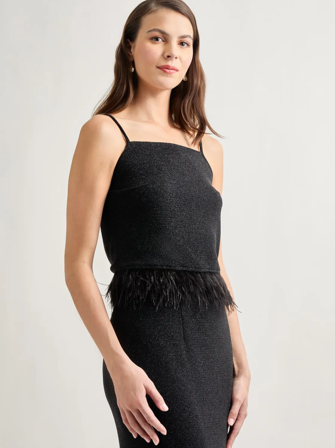 Misook Modern Fit Ostrich Feather Trim Stretch Woven Tank* Tops & Tees | Tanks