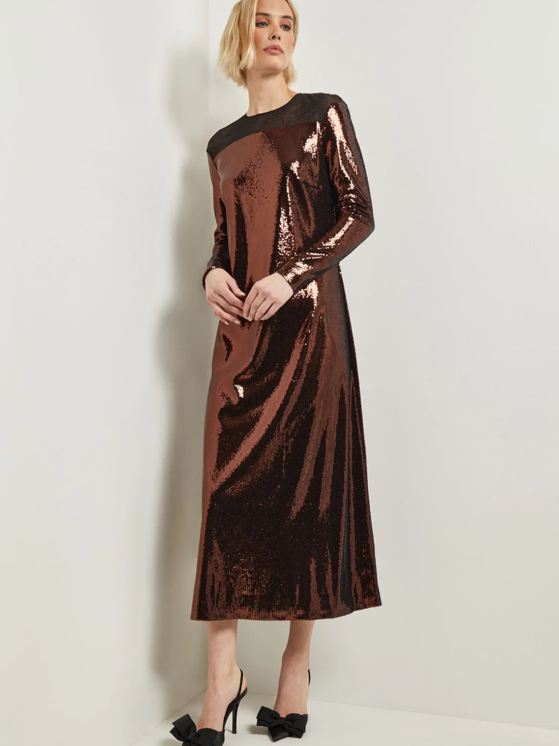 Misook Modern Fit Sheer Shoulder Sequin A-Line Maxi Dress* Dresses