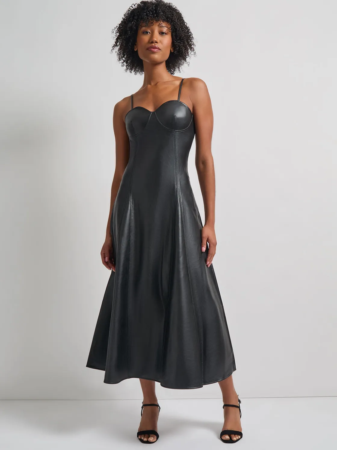 Misook Modern Fit-and-Flare Vegan Leather Princess Seam Maxi Dress* Dresses