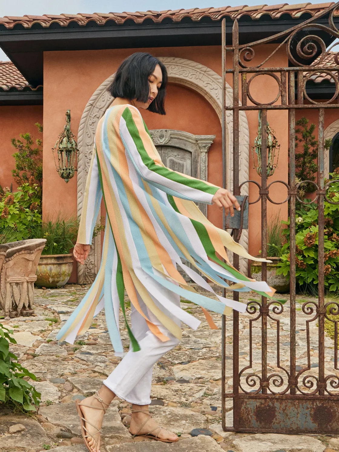 Misook Open Neck Heritage Fit Jacket - Striped Intarsia Knit Fringe Hem* Jackets & Coats