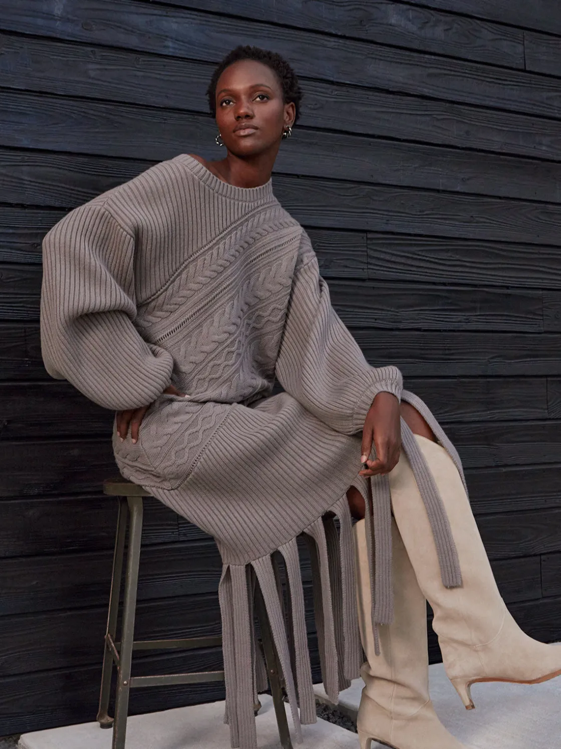 Misook Oversized Cable Knit Wool Blended Sheath Maxi Dress* Dresses