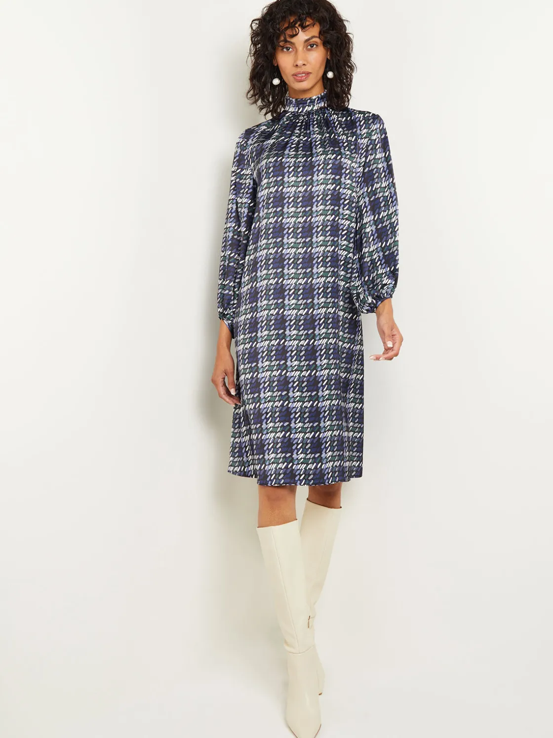 Misook Pleated Mock Neck Crepe de Chine Printed A-Line Dress* Dresses