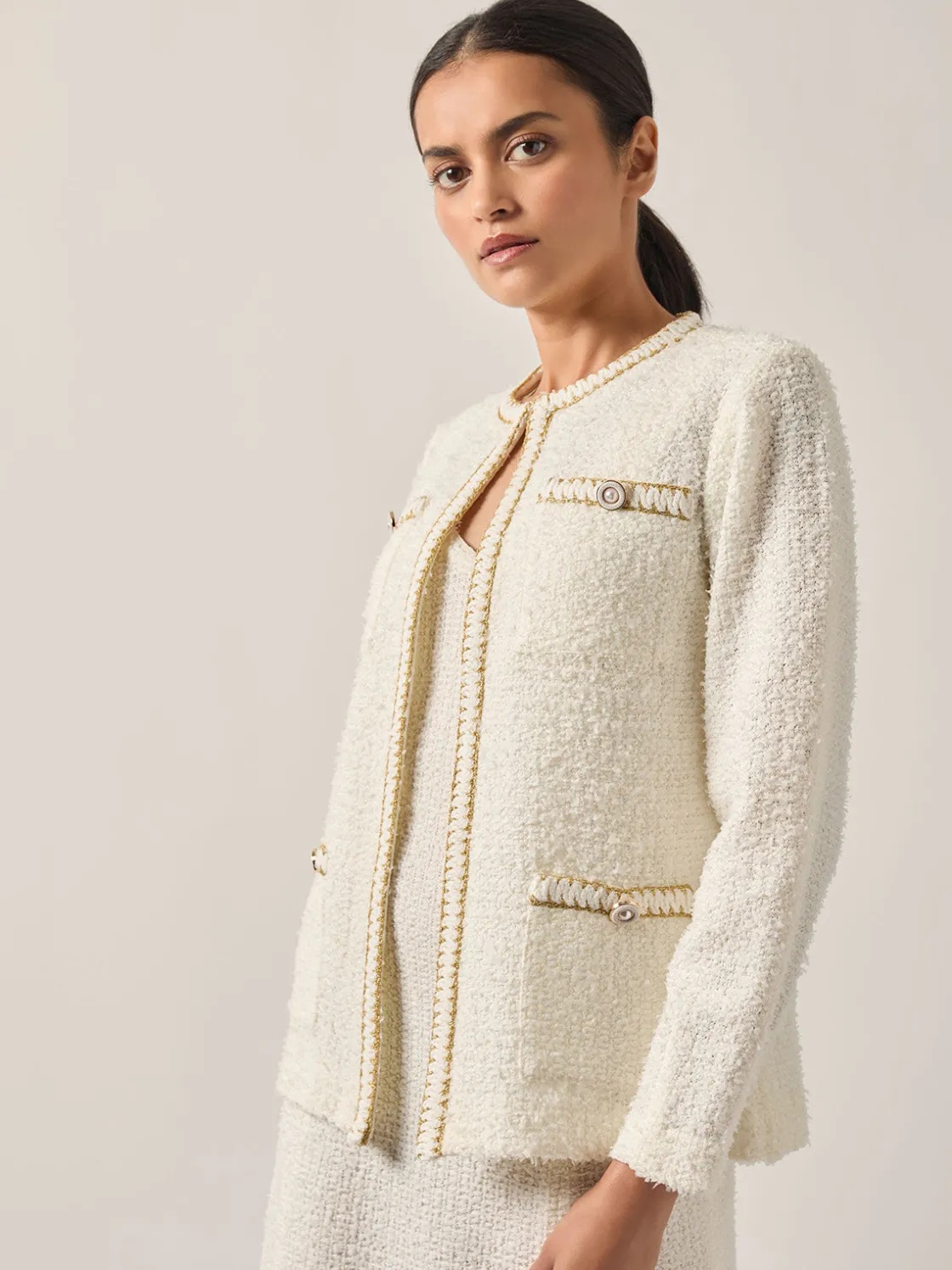 Misook Relaxed Fit Boucle Lurex Crochet Trim Knit Jacket* Jackets & Coats