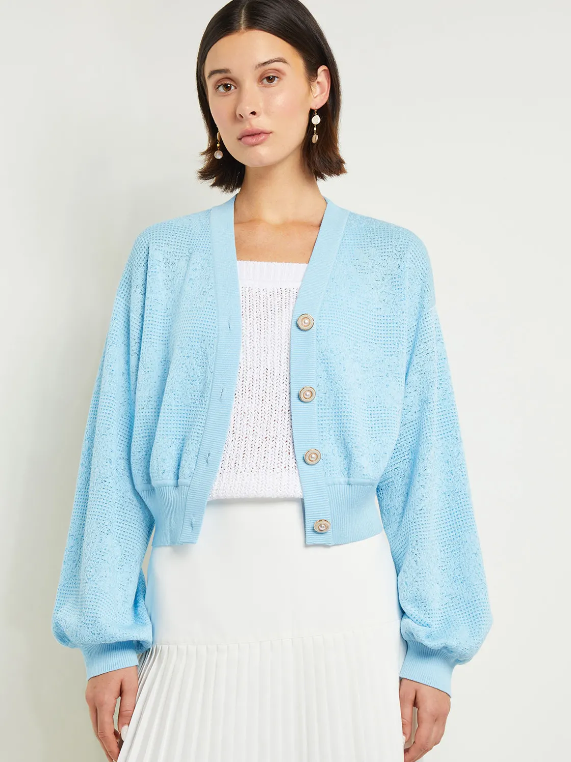Misook Relaxed Fit Button Front Jacket - Balloon Sleeve Soft Burnout Knit* Jackets & Coats