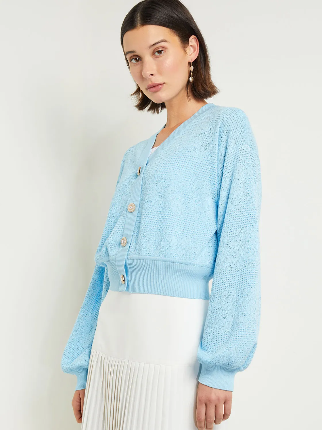 Misook Relaxed Fit Button Front Jacket - Balloon Sleeve Soft Burnout Knit* Jackets & Coats