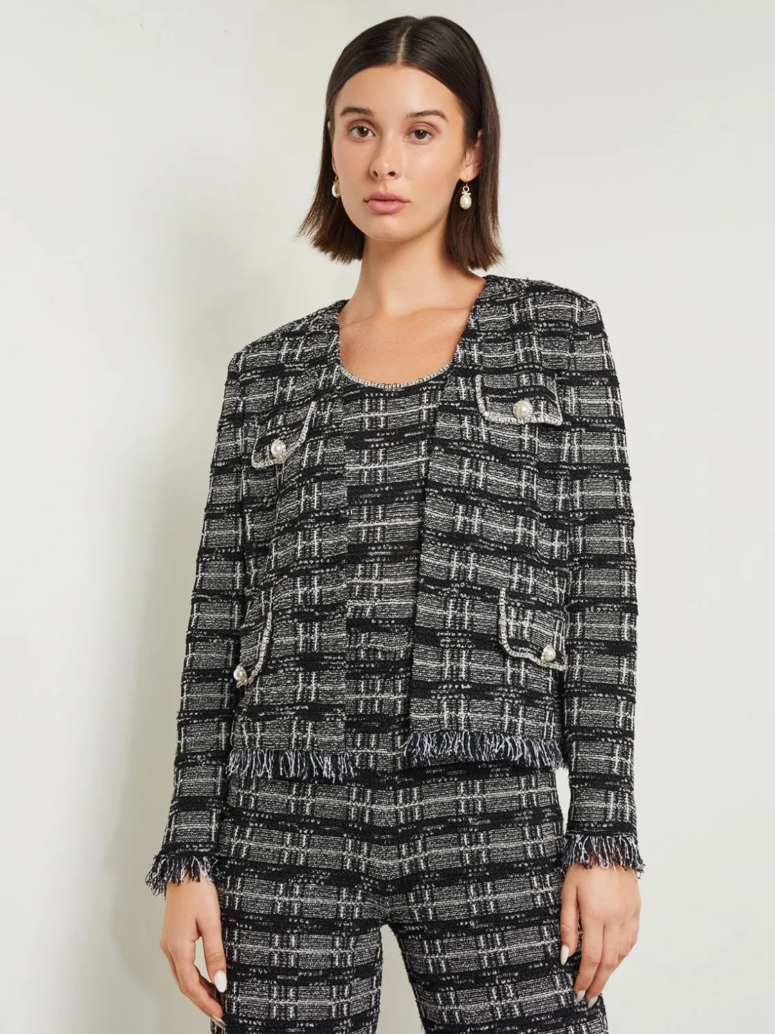 Misook Rhinestone Accent Fringe Tweed Knit Jacket* Jackets & Coats