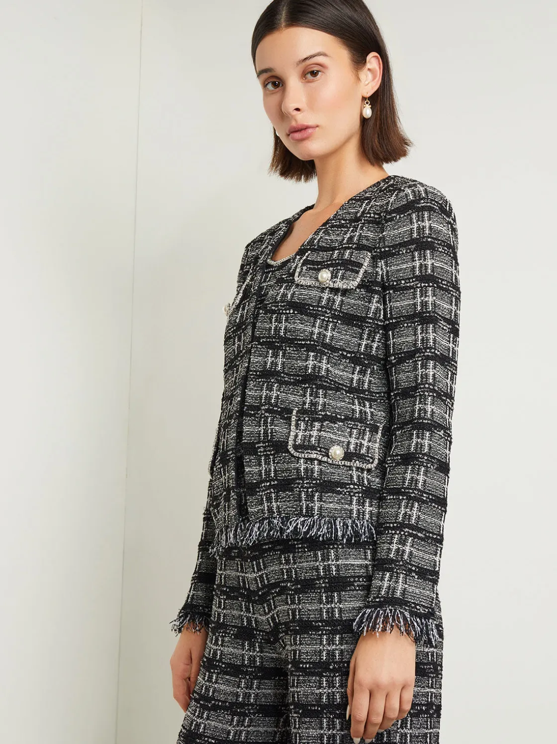 Misook Rhinestone Accent Fringe Tweed Knit Jacket* Jackets & Coats