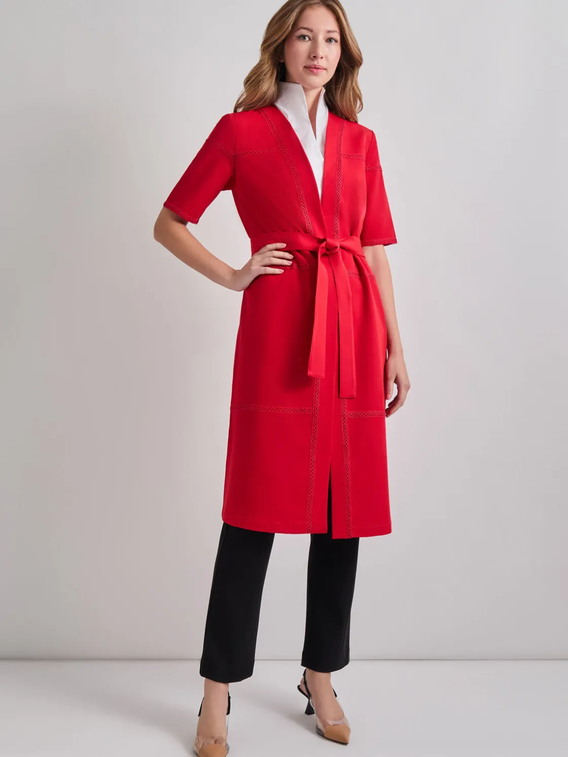 Misook Short Sleeve Belted Stretch Crepe Duster* Jackets & Coats