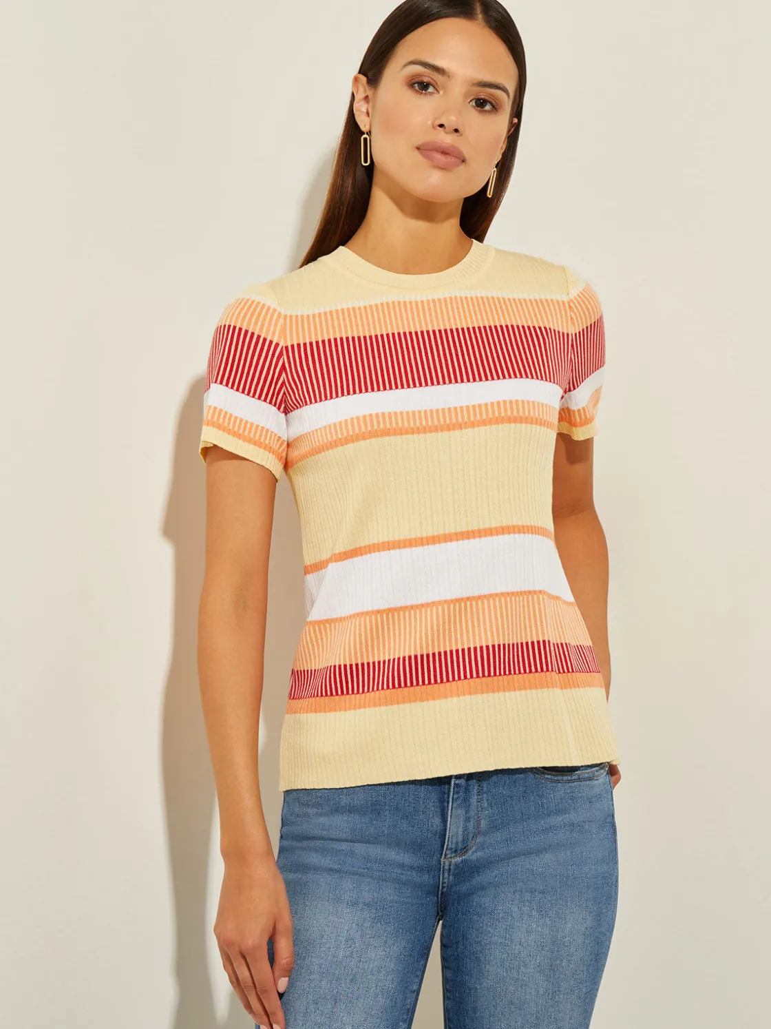 Misook Short Sleeve Intarsia Striped Soft Knit Top* Tops & Tees