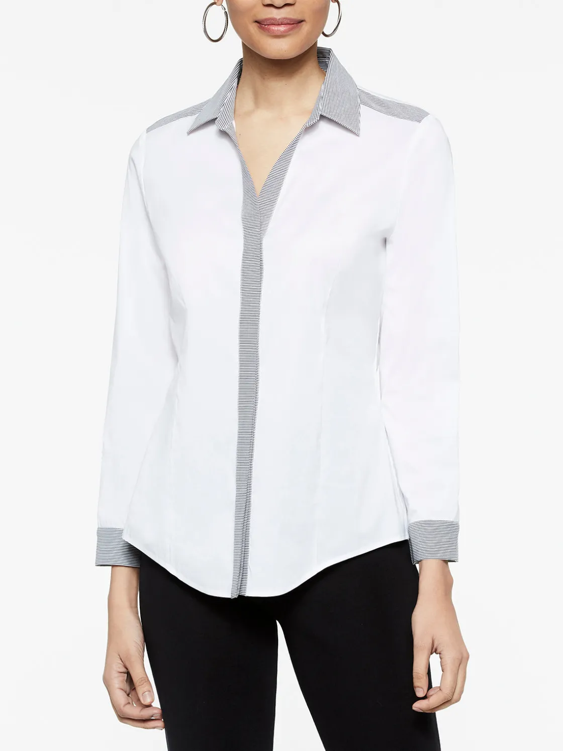 Misook Stripe Trim Stretch Cotton Button-Up Shirt* Blouses & Shirts | Tops & Tees