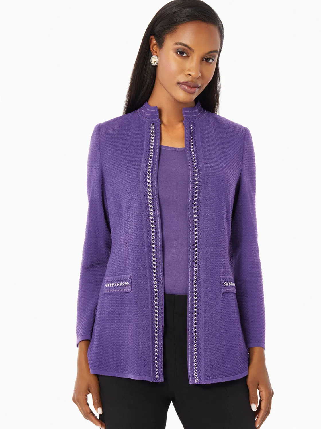 Misook Tailored Fit Crocheted Chain Trim Textured Knit Jacket* Jackets & Coats