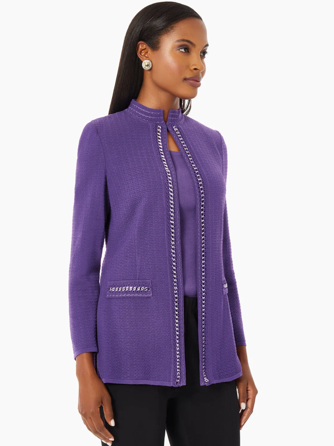 Misook Tailored Fit Crocheted Chain Trim Textured Knit Jacket* Jackets & Coats