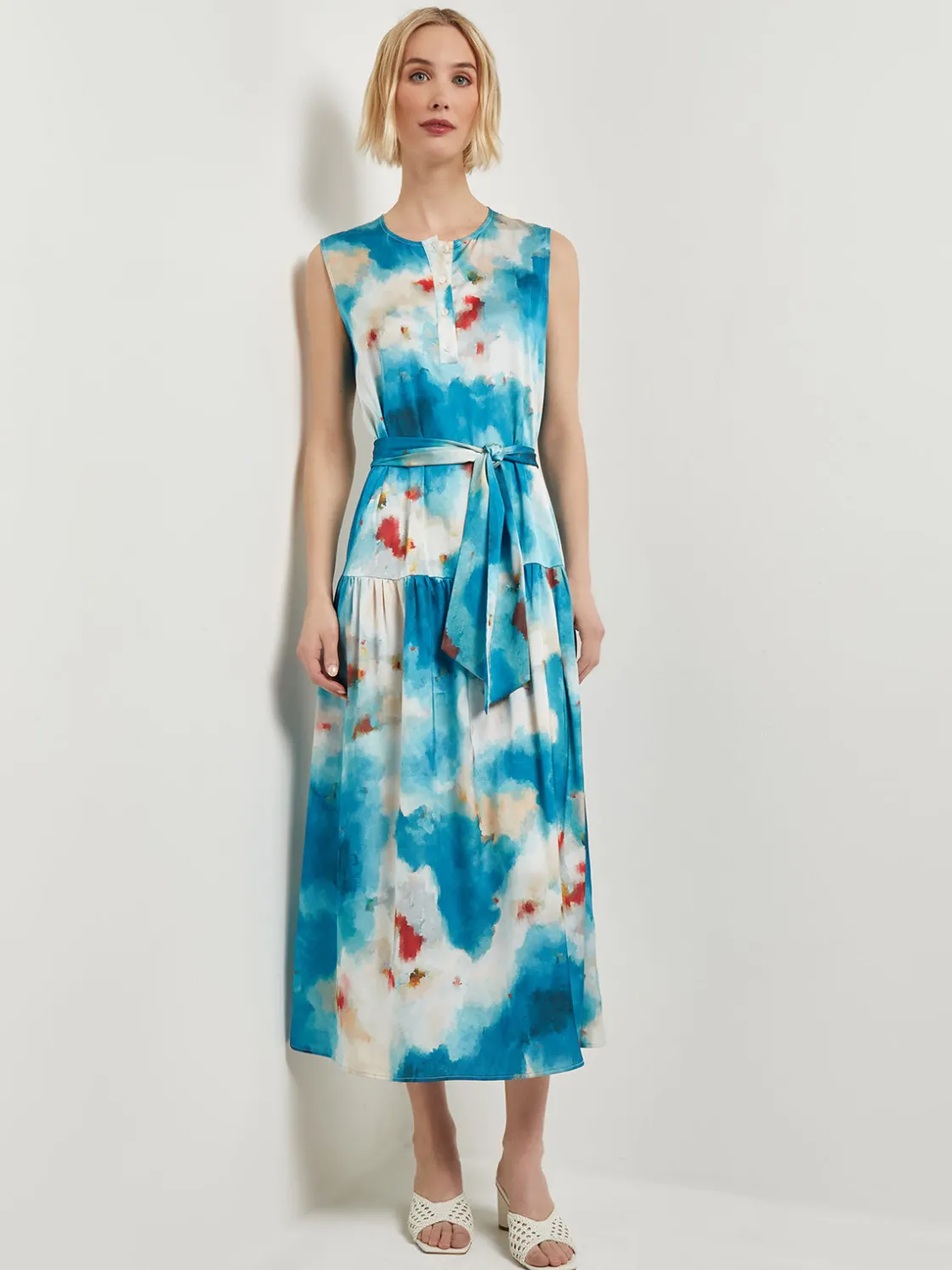 Misook Watercolor Removable Shawl Collar Crepe Maxi Dress* Dresses