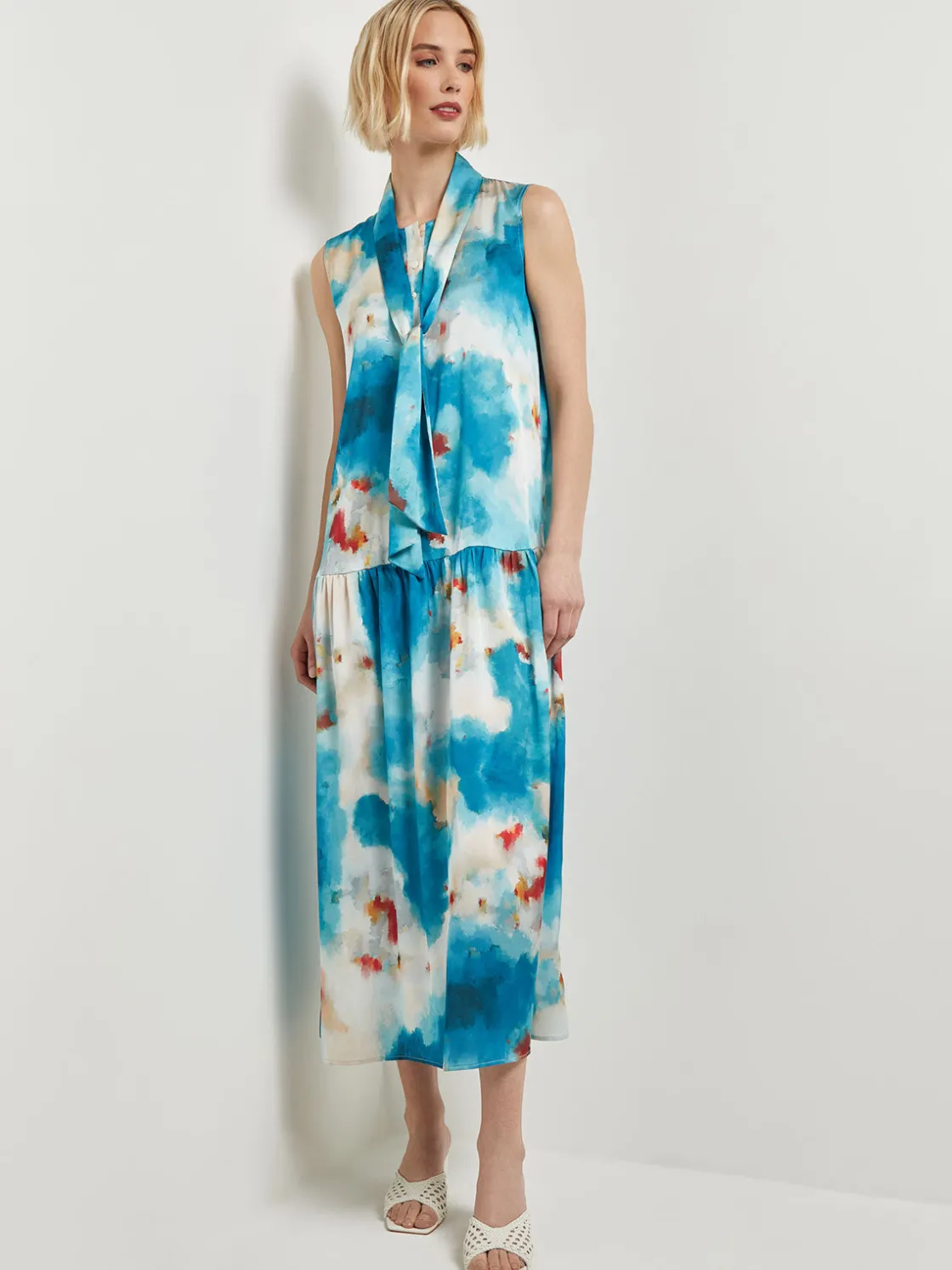 Misook Watercolor Removable Shawl Collar Crepe Maxi Dress* Dresses