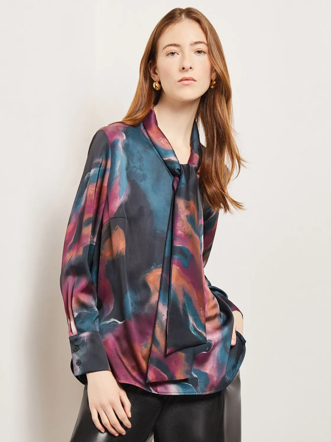 Misook Watercolor Tie Neck Crepe de Chine Blouse* Blouses & Shirts | Tops & Tees